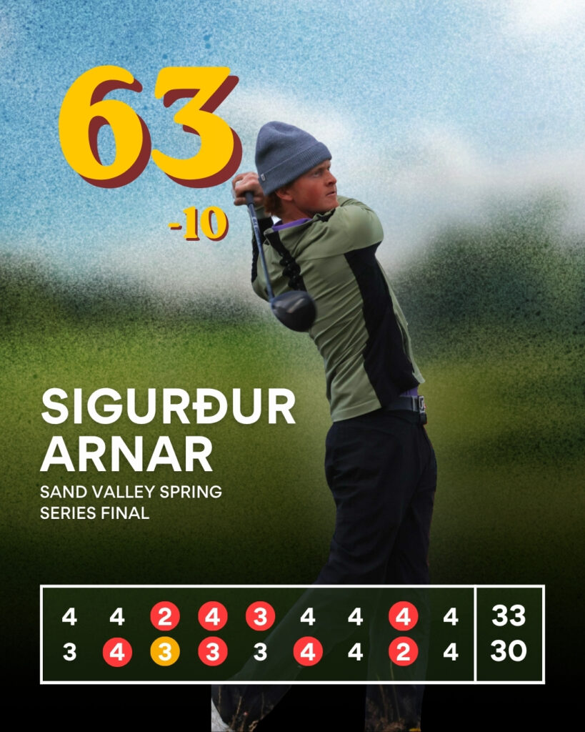 Poster of golfer Sigurdur Arnár mid-swing with '63 -10' graphic, and a bottom scorecard reading 'Sand Valley Spring Series Final'.