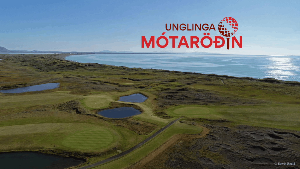 Aerial view of a coastal golf course with greens and bunkers, the sea on the horizon and a red 'UNGLINGA MÓTARÖDIN' logo in the sky.