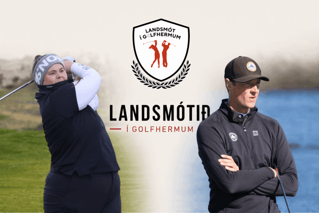 Split-background image showing a woman golfer swinging on the left and a man standing with arms folded on the right, with a shield logo reading Landsmót í Golfheimum centered above a laurel motif.