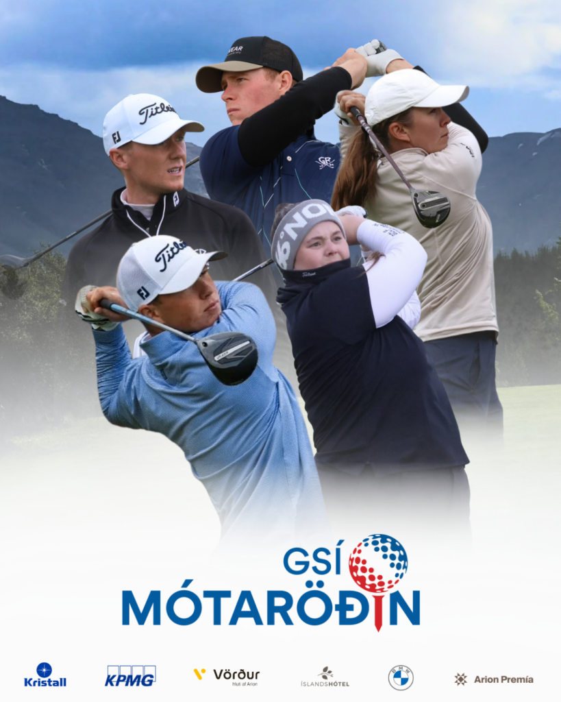 Collaged banner showing five golfers mid-swing on a mountainous course, with the GSÍ MÓTARÓÐIN logo and sponsor logos at the bottom.