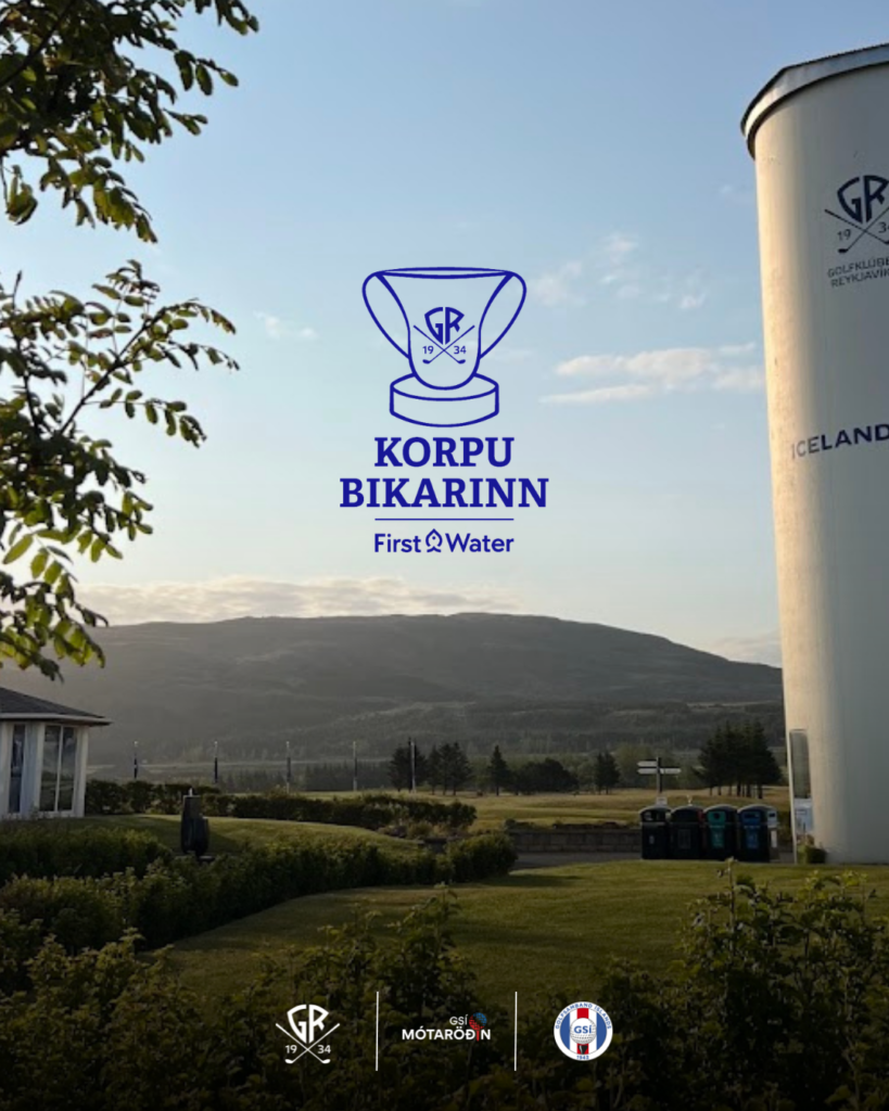 Blue Korpu Bikarinn First Water logo centered over a park landscape with a white water tower labeled Iceland on the right; sponsor logos along the bottom.
