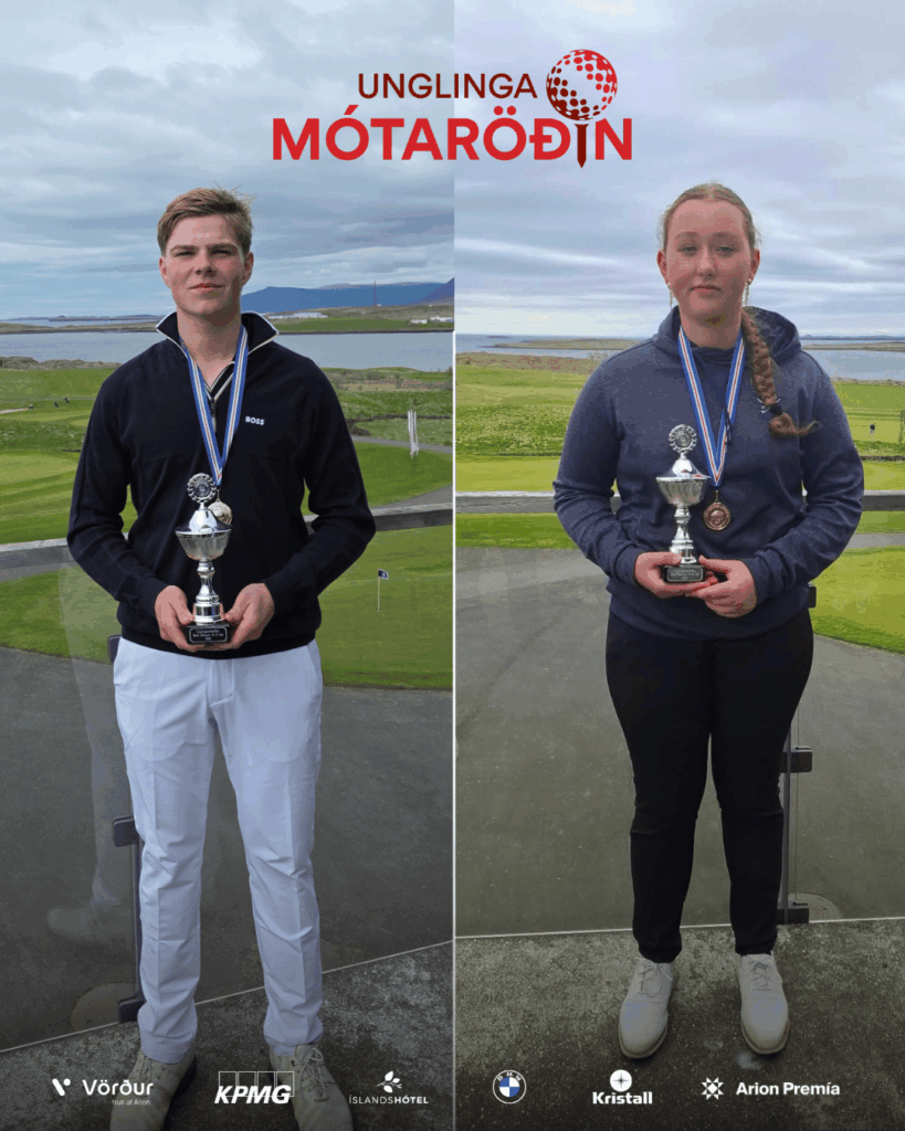 Split-image of a boy and a girl standing on a golf course, each holding a trophy and wearing medals after a competition, with sponsor logos at the bottom.
