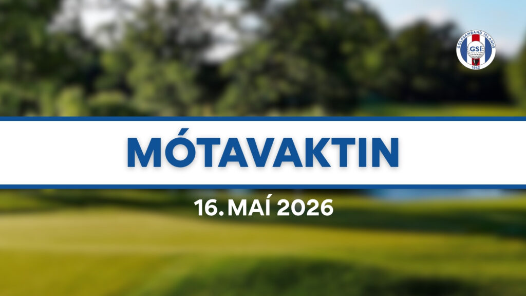 Outdoor banner with large blue text 'MÓTAVAKTIN' and date '16. MAI 2026' over a blurred park background; logo in top-right.