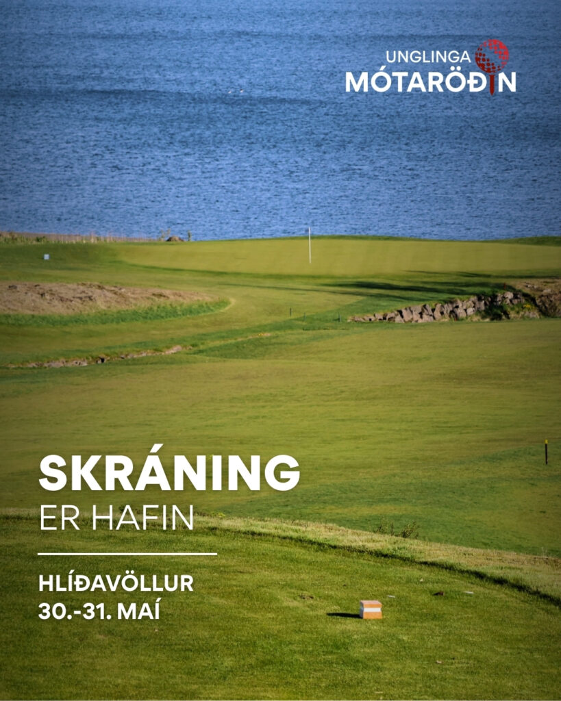 Advertisement poster for Unglinga Mótaröðin golf event with a coastal green course and blue water in the background; text announces registration is now open for May 30–31.