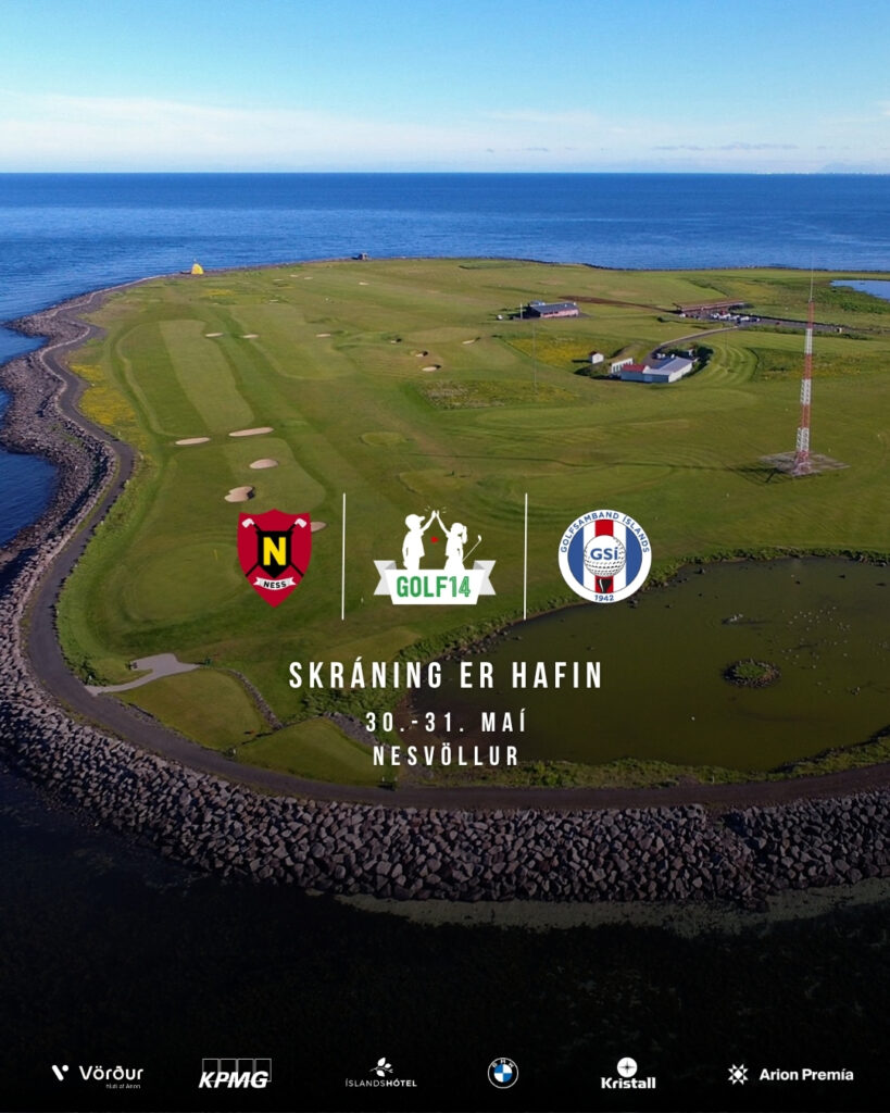Aerial view of a coastal island golf course with the sea in the background, featuring event logos and the text 'Skráning er hafin' and '30.-31. maí Nesvöllur'.