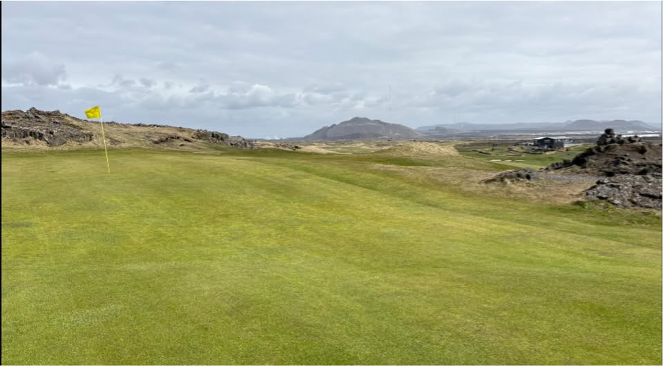 Putting green with a yellow flag, rocky coastal landscape in the background under a cloudy sky.