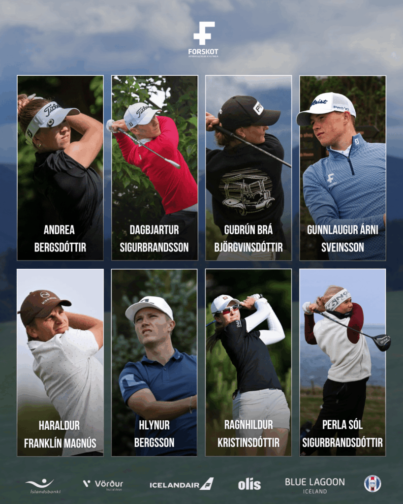 Grid showcasing eight Icelandic golfers with their names: Andrea Bergsdóttir, Dagbjartur Sigurbra... wait: transcription}}