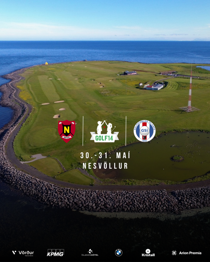 Aerial view of a coastal golf course surrounded by water with event logos and the text '30.-31. MAÍ NESVÖLLUR' at the bottom.