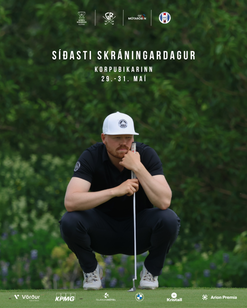 Golfer crouching on a green with a putter, part of an outdoor event poster showing dates and sponsor logos in Icelandic text at the top.