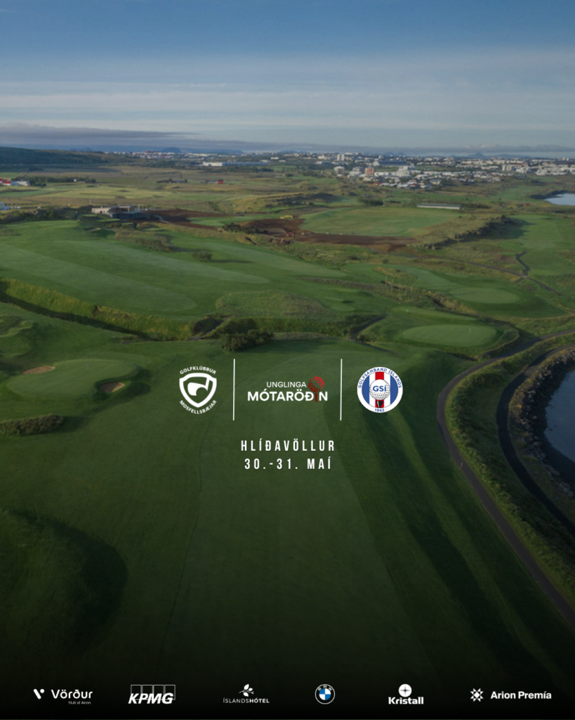 Aerial view of a lush Icelandic golf course with green fairways and a coastline, serving as an event poster for Hlíðavöllur on May 30–31 with logos along the bottom.