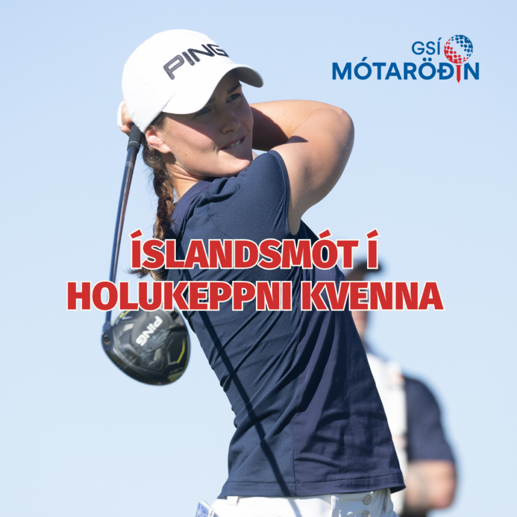 Female golfer mid-swing in a navy shirt and white cap, with Icelandic headline and GSI logo on a blue sky background.