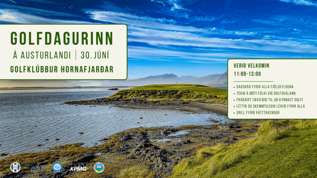 Event poster for Golf Day in Austurland on June 30, with welcome session 11:00–13:00 and a list of activities; coastal Icelandic landscape in the background.