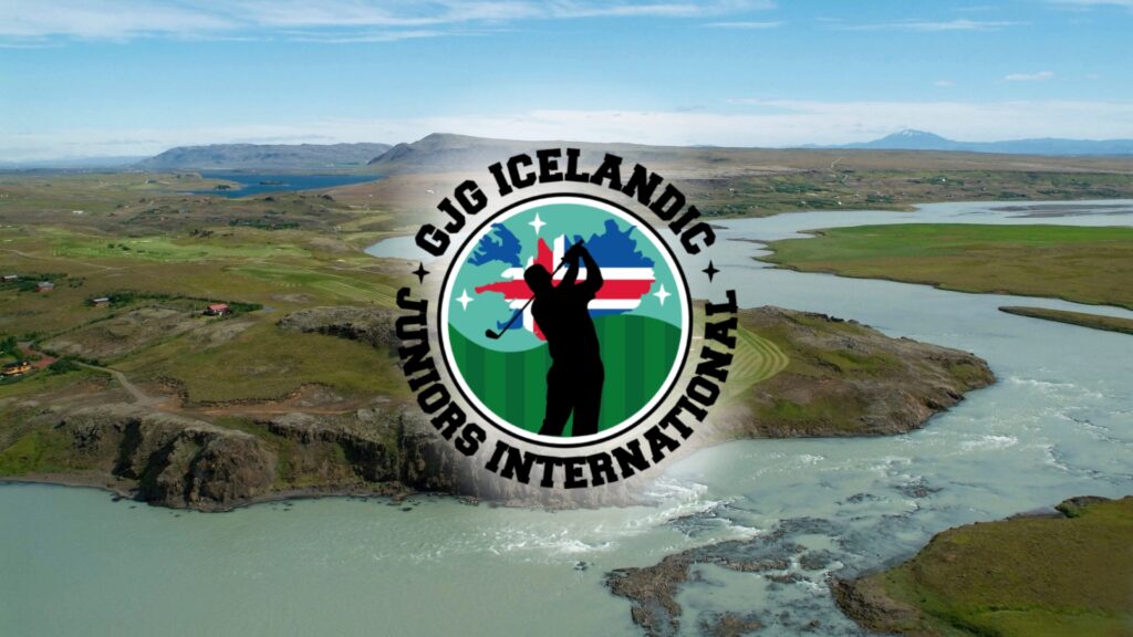 Aerial view of Icelandic plains and rivers with a large circular emblem featuring a golfer silhouette over a flag-inspired background in the center of the image.