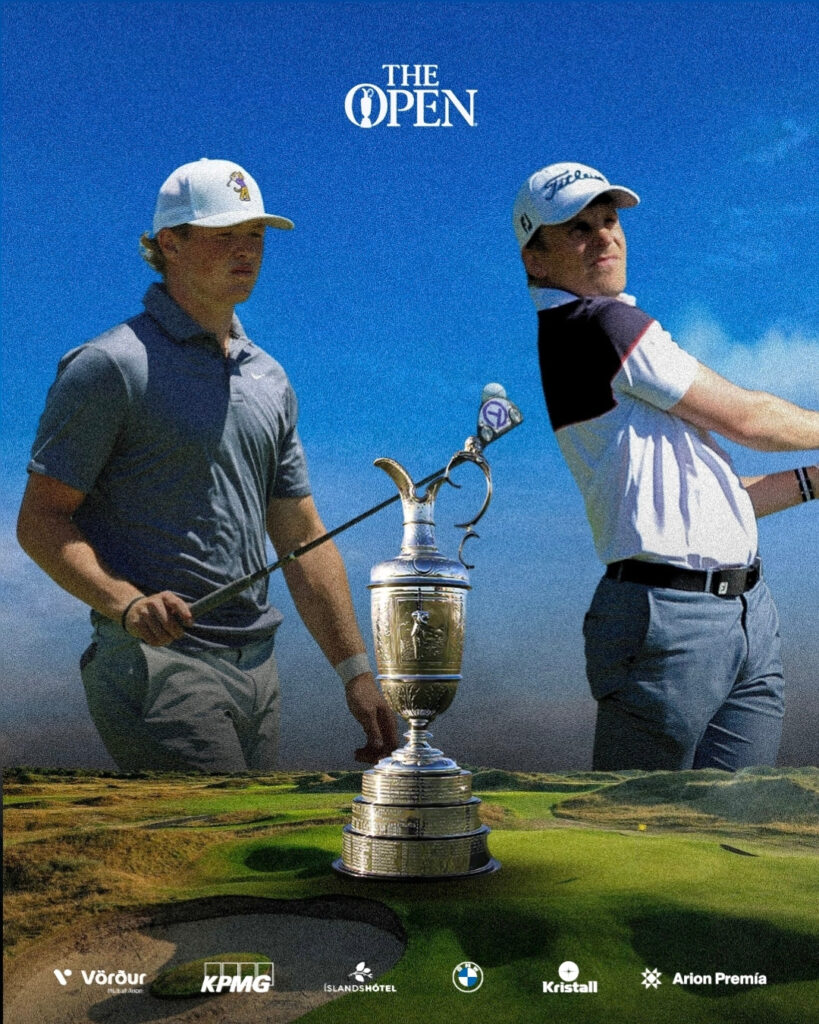 The Open logo above two golfers standing on a sunny golf course with a tall silver trophy between them.
