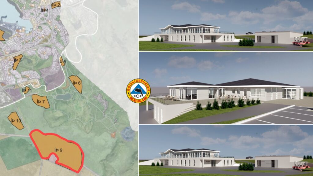 collage showing a site map with numbered plots on the left and three 3D renderings of a modern golf club clubhouse on the right; includes parking areas and landscaping, all in a light, airy design