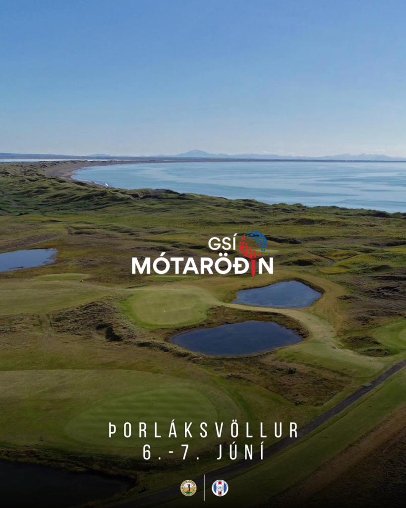 Aerial view of a coastal golf course with green fairways and water hazards, overlaid with event logos and dates in Icelandic text.