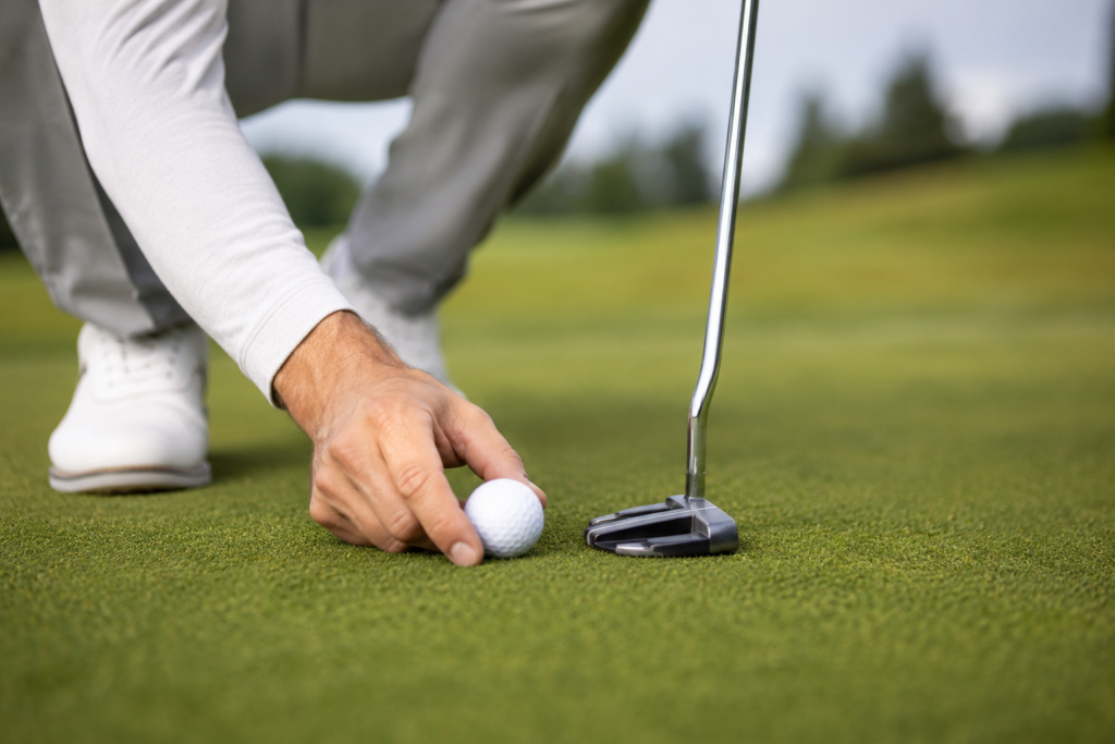 Golfer placing a white golf ball on the putting green next to a putter, preparing for a putt.
