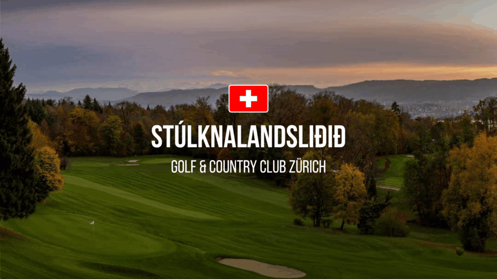 Hero banner for Golf & Country Club Zürich with a red Swiss flag icon overlaid on a autumnal golf course landscape at sunset