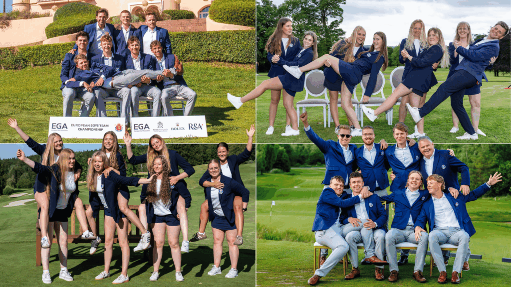 Collage of young golfers in navy blazers posing and celebrating on a golf course.
