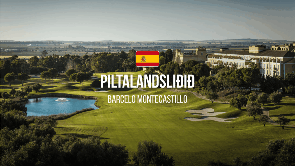 Aerial view of a Spanish golf resort with a flag of Spain over a green course and large white text reading 'PILTALANDSLIDID' and 'BARCELO MONTECASTILLO' across the scene.
