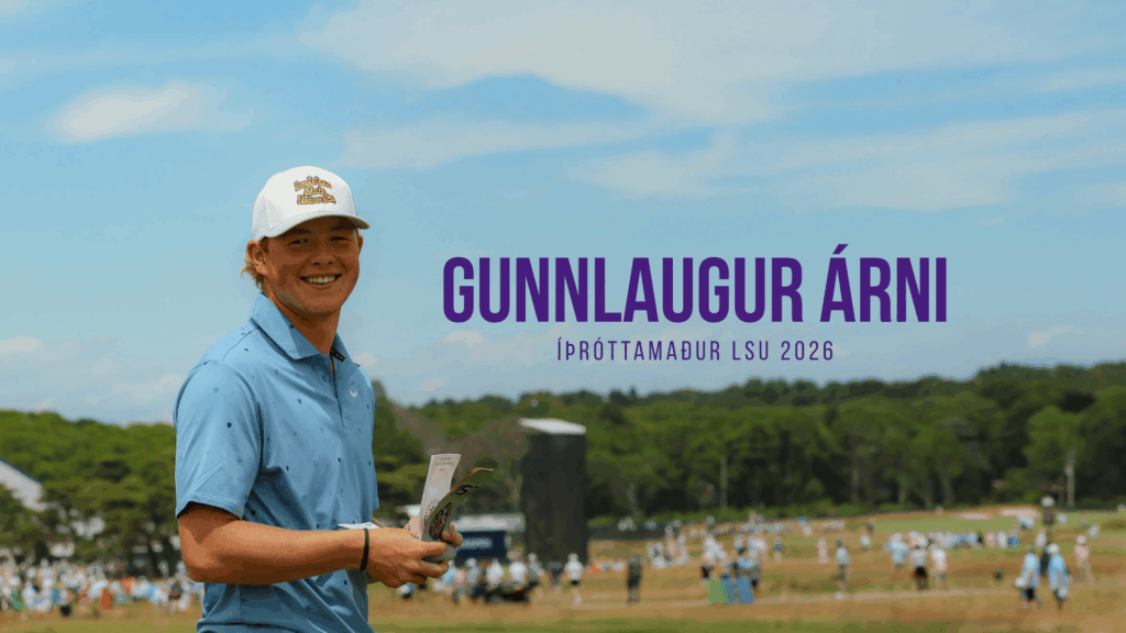 Banner featuring a golfer in a light-blue shirt and white cap, holding papers, with a crowd background and large purple text: 'GUNNLAUGUR ÁRNI' and 'ÍPRÓTTAMADUR LSU 2026'