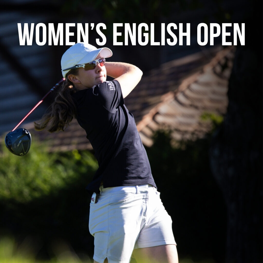 Female golfer wearing a white cap and sunglasses mid-swing during the Women’s English Open banner image at the top fringe of the frame.