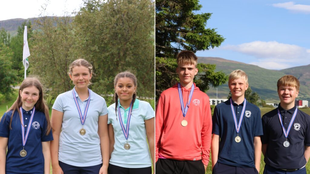 Split image: left side shows three girls with medals posing outdoors, right side shows four boys with medals, also outdoors by hills and trees.