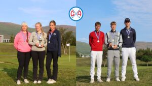 Six teenagers stand on a golf course, three girls left with a trophy and medals, three boys right with medals, under a clear blue sky with a central logo above them.