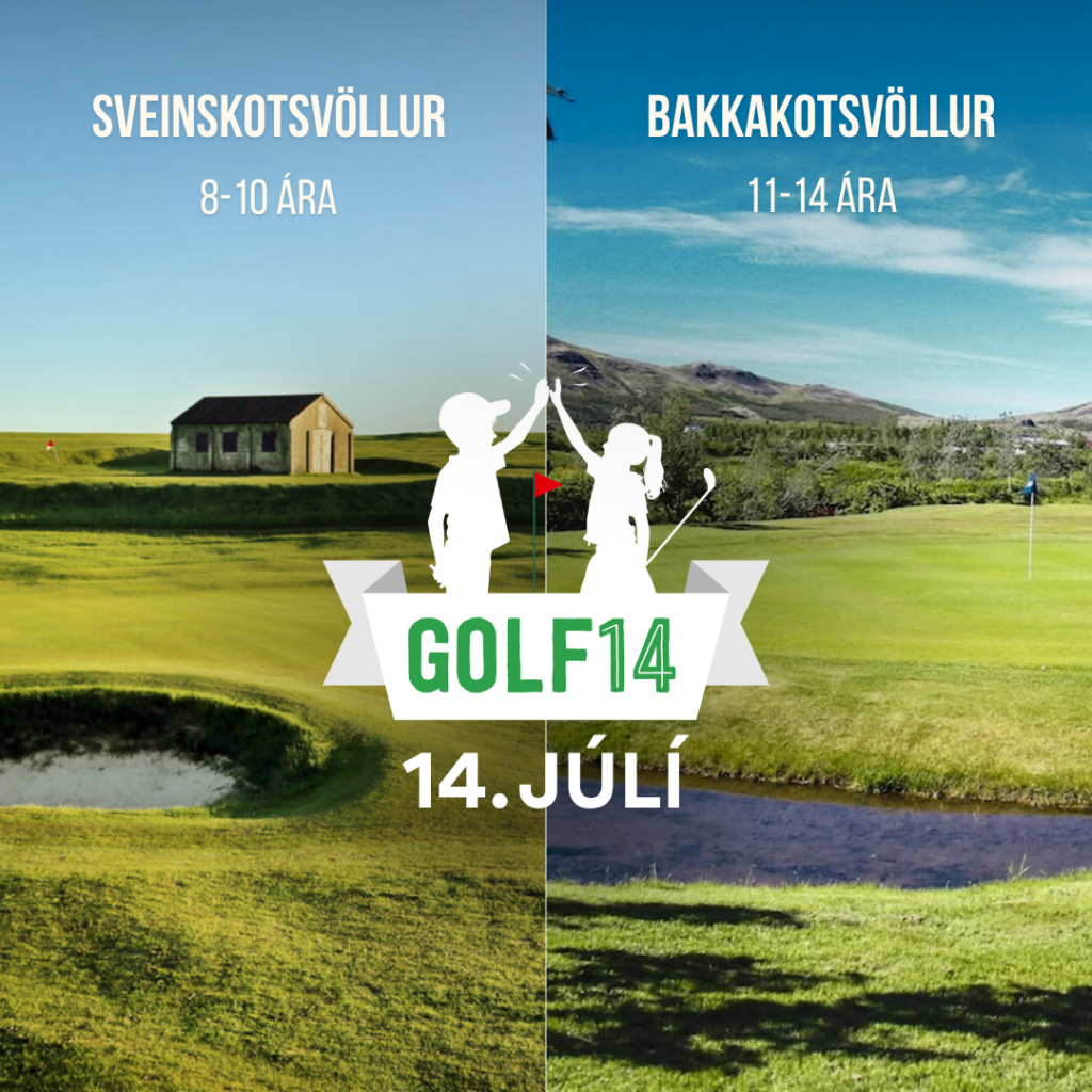 Poster for Golf14 youth golf event; left panel shows 'SveinskoTsvöllur' for ages 8-10, right panel 'Bakkakotsvöllur' for ages 11-14, with a July 14 date and central logo of two kids high-fiving.