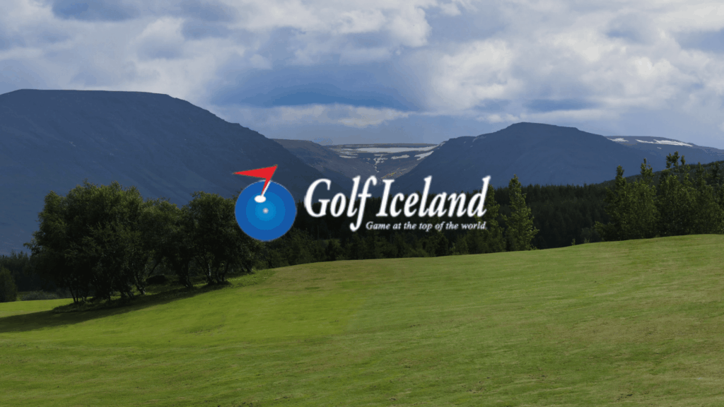 Branding image: GolfIceland logo over a green field with distant mountains and a cloudy sky.