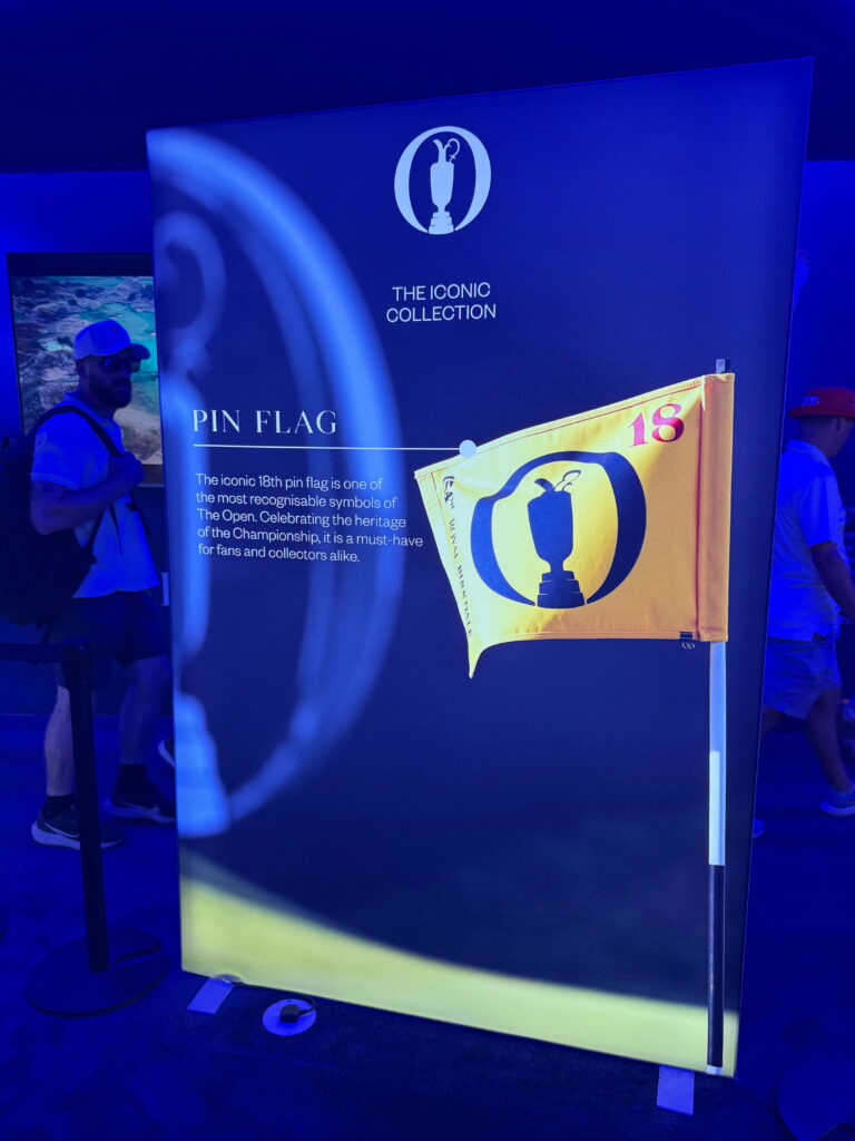 Blue exhibition banner reading 'THE ICONIC COLLECTION' with a white trophy logo and a yellow pin-flag graphic titled 'PIN FLAG' on the right side, against a curved light pattern.