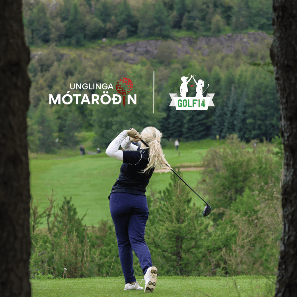 Woman swinging a golf club on a green golf course with sponsor logos overlay in the sky area.